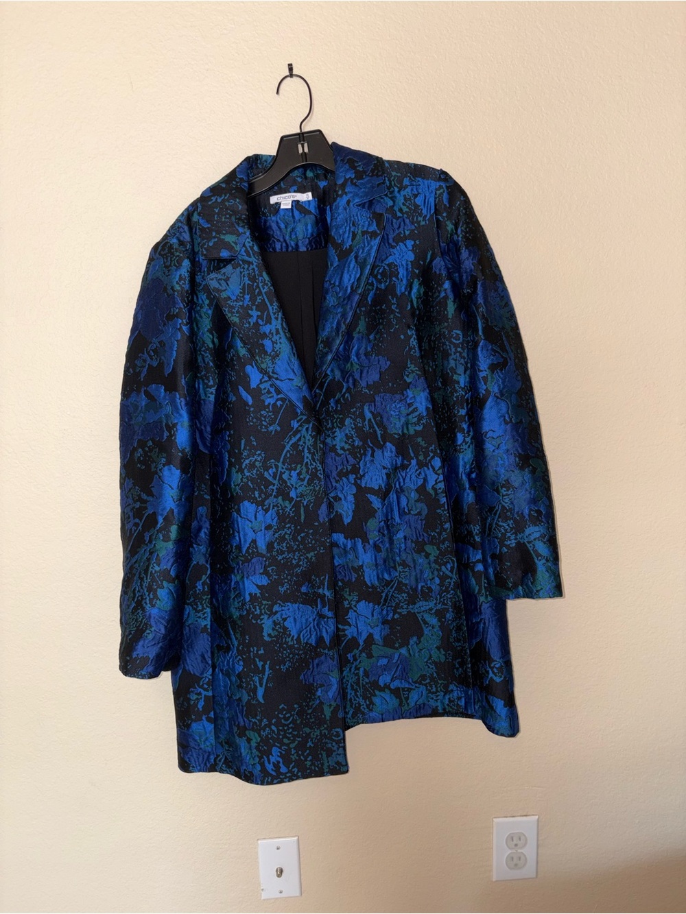 Chico's Blue and Black Floral Brocade Jacket